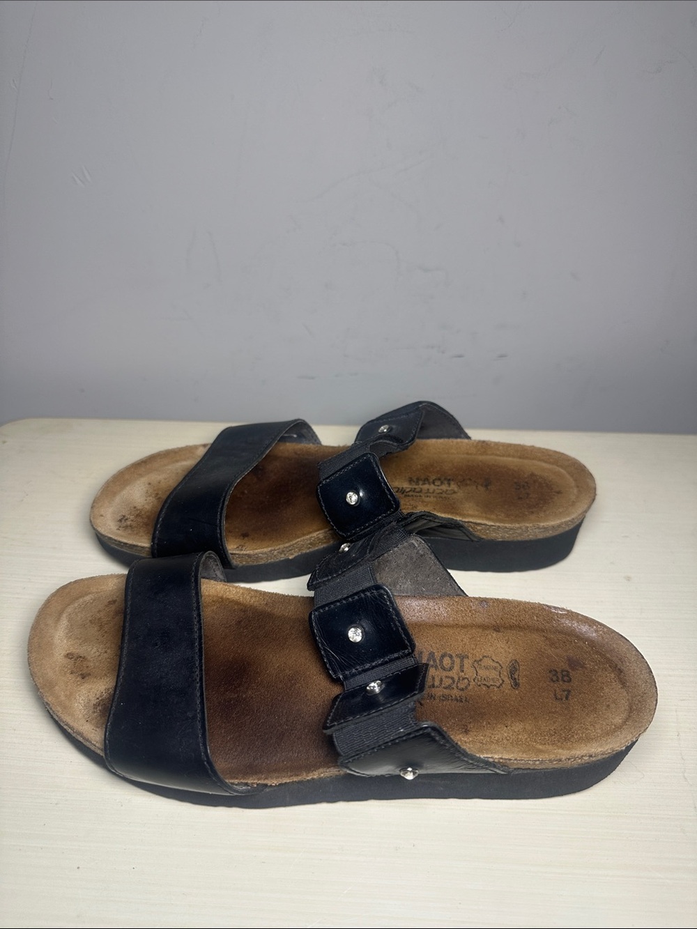 Naot leather Black Dual-Strap Slide Sandals with Buckles